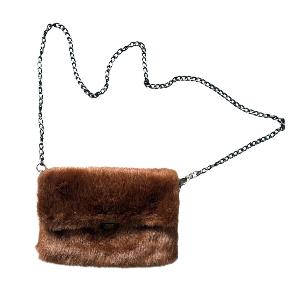 Brown Faux Fur Crossbody Bag with Chain Strap
